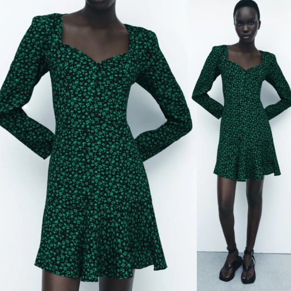 Zara Green and Black Floral Dress